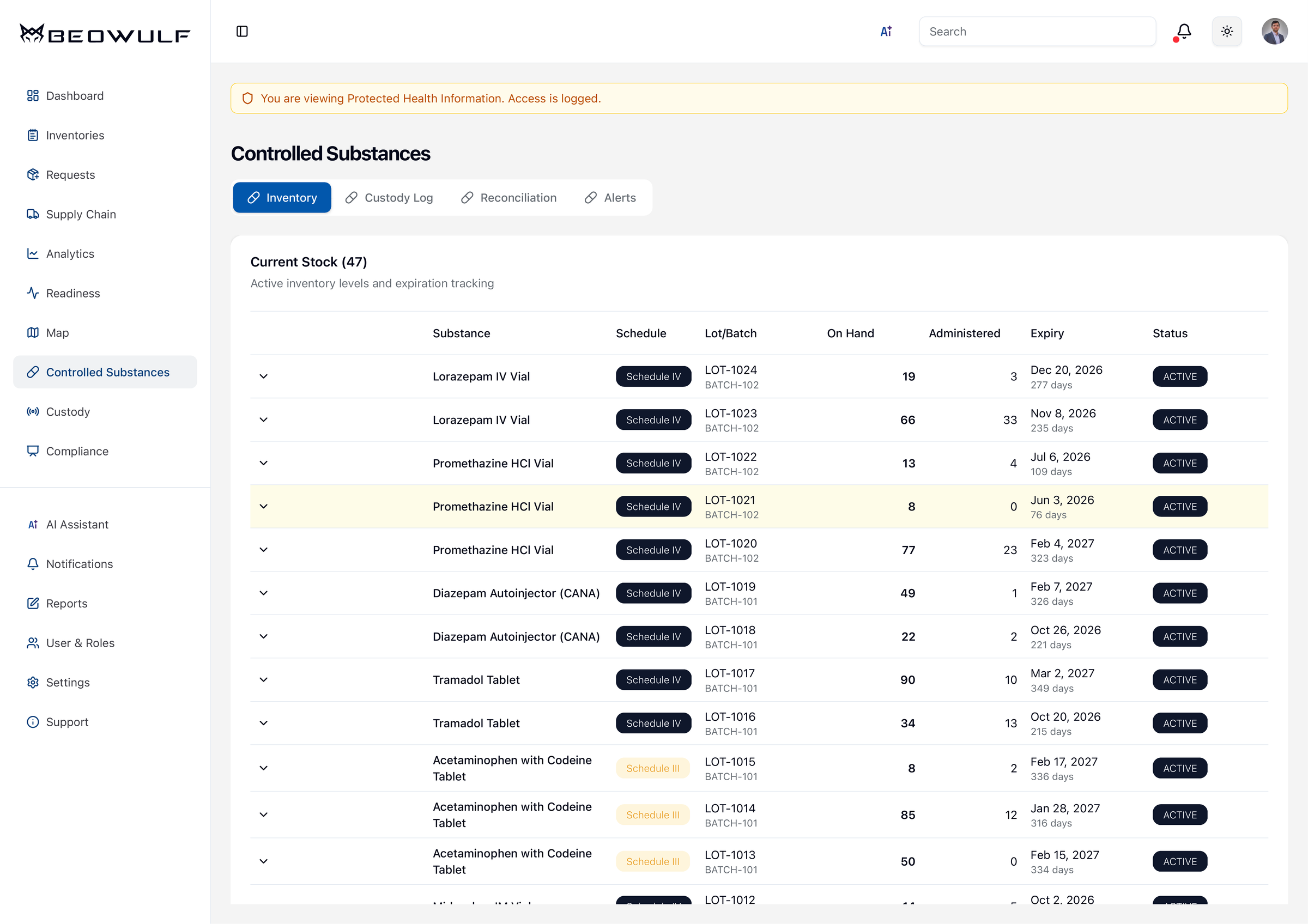 Beowulf Controlled Substances — DEA-compliant chain of custody